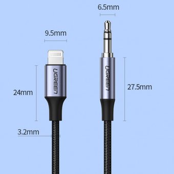  Кабель UGreen US315 (70509) Lightning to 3.5mm Aux Cable Aluminum Shell в оплетке 1 м черный 