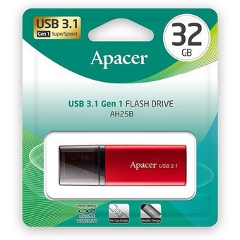  USB-флешка 32GB Apacer AH25B AP32GAH25BR-1 USB 3.1 Gen 1, Red/Black, Metal case, (916280) RTL 