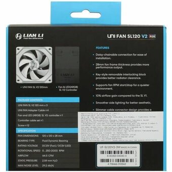  Комплект вентиляторов (3шт.) Lian Li Uni Fan SL120 V2 White /UF-SL120V2-3W/ (G99.12SLV23W.R0) 120x120x28мм (PWM, ARGB, 250-2000 об/мин, 29.2dBa) 