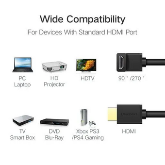  Кабель UGREEN HD103 10173 HDMI Cable Right Angle 90 Degree 2m black 