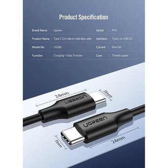  Кабель UGREEN US286 50998 USB-C 2.0 Male To USB-C 2.0 Male 3A Data Cable 1.5m Black 