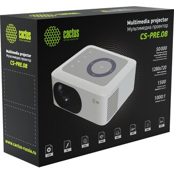  Проектор Cactus CS-PRE.08B.WXGA LCD 1500Lm LS 150Lm ANSI (1280x720) 1000:1 ресурс лампы:30000часов 1xUSB typeA 1xHDMI 1.5кг 
