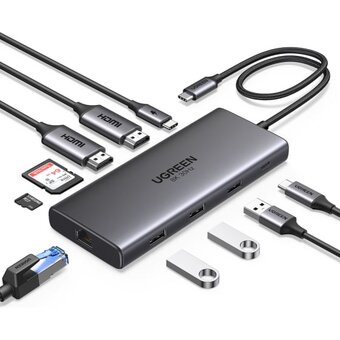 Кабель UGREEN CM639 (15534) Revodok Pro 10-in-1 8K 30Hz 2*HDMI with PD Converter Gray 