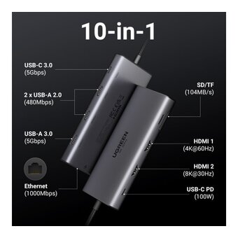  Кабель UGREEN CM639 (15534) Revodok Pro 10-in-1 8K 30Hz 2*HDMI with PD Converter Gray 