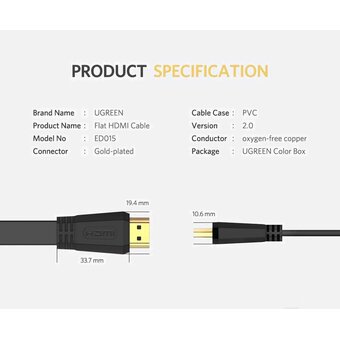  Кабель UGREEN ED015 50820 HDMI Flat Cable 3m 