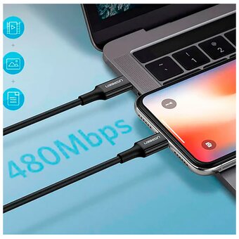  Кабель UGREEN US171 60752 USB-C to Lightning Cable M/M Nickel Plating ABS Shell 2m Black 