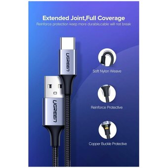  Кабель UGREEN US288 60125 USB-A 2.0 to USB-C Cable Nickel Plating Aluminum Braid 0,5m Black 