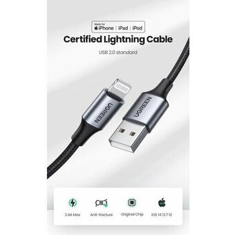  Кабель UGREEN US199 60158 Lightning to USB-A 2.0 Cable 2m Black 