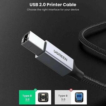  Кабель UGREEN US369 80803 USB-A Male to USB-B 2.0 Printer Cable Alu Case with Braid 2m Black 