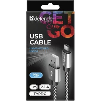  Кабель Defender 87815 USB2.0 USB09-03T Pro, AM-Type-C, 1m, 2.1A Белый 