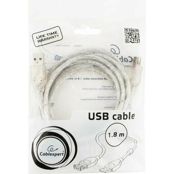  Кабель удлинитель Cablexpert CCF-USB2-AMAF-TR-6 USB2.0 Pro, AM/AF, 1,8м, экран, 2 феррит.кольца, прозрачный 