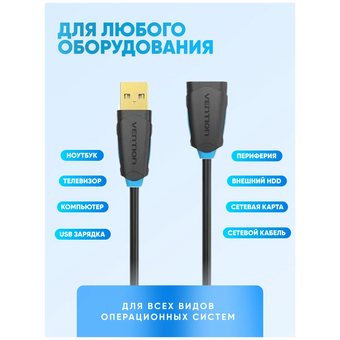  Кабель удлинитель Vention CBCBJ USB 2.0 AM/AF 5м чёрный 