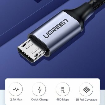  Кабель UGREEN US290 60146 USB 2.0 A to Micro USB Cable Nickel Plating Alu Braid 1m Grey/Black 