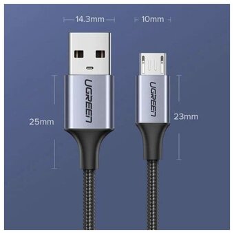  Кабель UGREEN US290 60146 USB 2.0 A to Micro USB Cable Nickel Plating Alu Braid 1m Grey/Black 