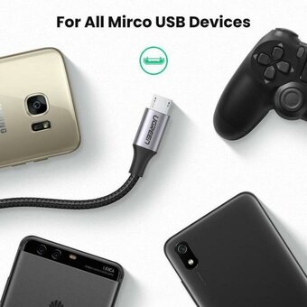  Кабель UGREEN US290 60146 USB 2.0 A to Micro USB Cable Nickel Plating Alu Braid 1m Grey/Black 
