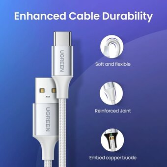  Кабель UGREEN US288 60409 USB-A 2.0 to USB-C Cable Nickel Plating Aluminum Braid 3m Silver 
