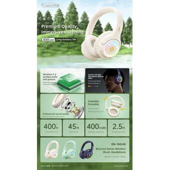  Наушники полноразмерные bluetooth REMAX RB-760HB Bincorui Series Wireless Music Headphone зеленый 