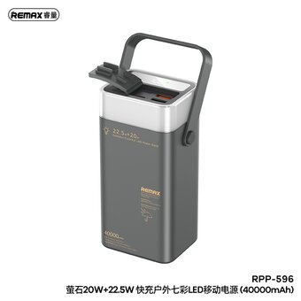  Аккумулятор внешний резервный REMAX RPP-596 Fluorite 20W+22.5W PD+QC Outdoor Colorful LED Fast Charging Power Bank 40000mAh серый 