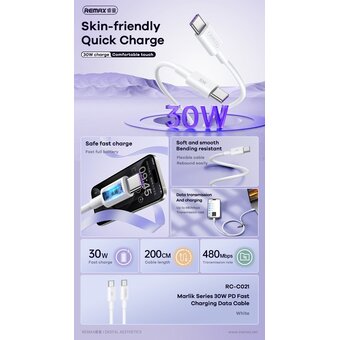  Дата-кабель REMAX RC-C021 Marlik 30W PD Fast Charging Data Cable C-C 2M Тype-C to Type-C белый 