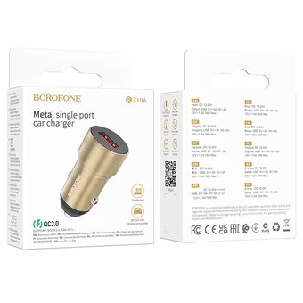  АЗУ BOROFONE BZ19A Wisdom single port QC3.0 car charger золотой 