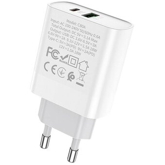  СЗУ HOCO C80A Plus Rapido PD20W, QC3.0, Type-C + lightning (белый) 