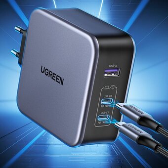  СЗУ Ugreen CD289 (90549) USB-A+2*USB-C 140W GaN Tech Fast Charger with C to C Cable 2м Black 