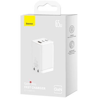  СЗУ Baseus GaN5 Pro CCGP120202 Fast Charger 2C+U 65W EU Cable Type-C to Type-C 1m White 