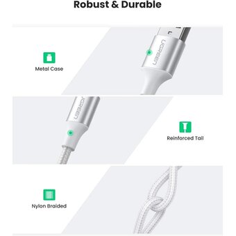  Кабель UGREEN US289 60143 USB 2.0 A to Micro USB Cable Nickel Plating 2m White 