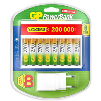  Аккумулятор + зарядное устройство GP PowerBank 270AAHC/CPBXL-2CR8 (1652192) AA 2700mAh, 3.7V 2.7 А·ч, 8 шт. 