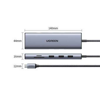 Конвертер UGREEN CM498 15601 USB-C To 3*USB 3.0 A+HDMI+VGA+RJ45 Gigabit+SD/TF+AUX3.5mm+PD Converter Gray 