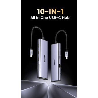  Конвертер UGREEN CM498 15601 USB-C To 3*USB 3.0 A+HDMI+VGA+RJ45 Gigabit+SD/TF+AUX3.5mm+PD Converter Gray 