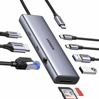  Конвертер UGREEN CM498 15601 USB-C To 3*USB 3.0 A+HDMI+VGA+RJ45 Gigabit+SD/TF+AUX3.5mm+PD Converter Gray 