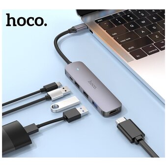  Адаптер HOCO HB27 Type-C multi-function converter HDTV+USB3.0+USB2.0*2+PD серый 