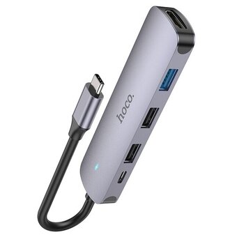  Адаптер HOCO HB27 Type-C multi-function converter HDTV+USB3.0+USB2.0*2+PD серый 