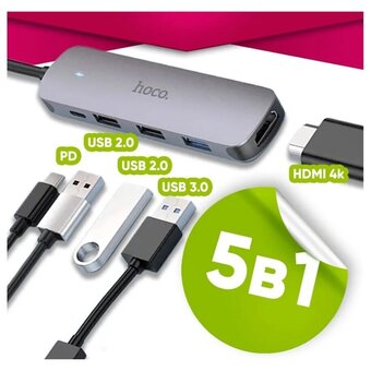  Адаптер HOCO HB27 Type-C multi-function converter HDTV+USB3.0+USB2.0*2+PD серый 