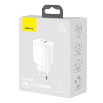  СЗУ Baseus CCXJ-B02 Compact Quick Charger USB-C+USB-A 20W EU White 