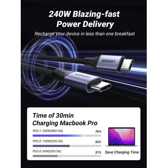  Кабель UGREEN US535 90440 USB-C to USB-C 240WPD Fast Charging Cable 2m Space Gray 