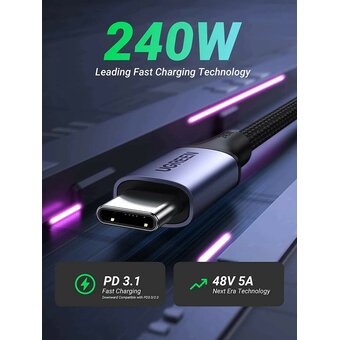  Кабель UGREEN US535 90440 USB-C to USB-C 240WPD Fast Charging Cable 2m Space Gray 