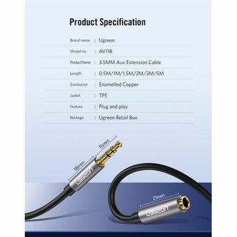 Кабель UGREEN AV118 10595 3.5mm Male to 3.5mm Female Extension Cable 3m Black 
