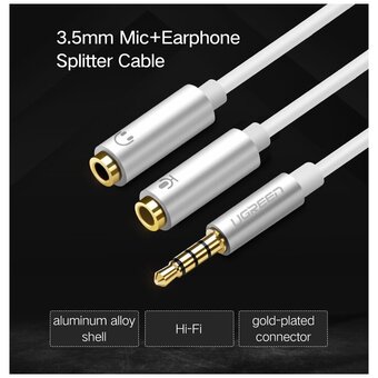  Кабель UGREEN AV141 30619 3.5mm male to 2 Female Audio Cable Aluminum Case 20cm Black 
