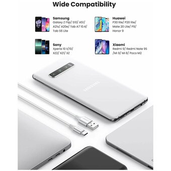  Кабель UGREEN US288 60130 USB-A 2.0 to USB-C Cable Nickel Plating Aluminum Braid 0.5m White 