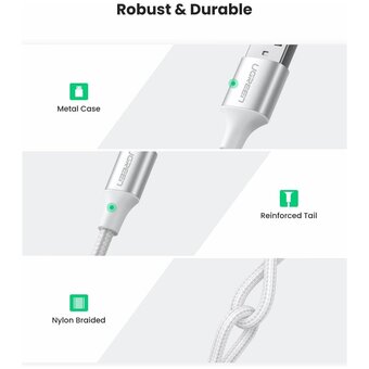 Кабель UGREEN US288 60130 USB-A 2.0 to USB-C Cable Nickel Plating Aluminum Braid 0.5m White 