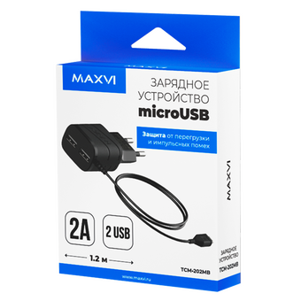  СЗУ Maxvi TCM-202MB 2A, microUSB, 2xUSB-A, black 