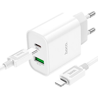  СЗУ HOCO C80A Plus Rapido PD20W, QC3.0, Type-C + lightning (белый) 