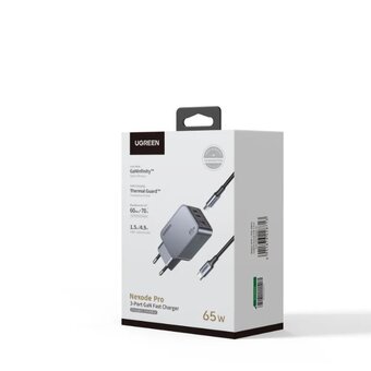  СЗУ UGREEN X755 (25871) Nexode Pro 65W 3-Port GaN Fast Charger with 100W cable 1M Set EU Grey 