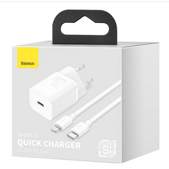  СЗУ Baseus Super Si TZCCSUP-B02 Quick Charger 1C 20W EU Sets Cable Type-C to iP 1m White 