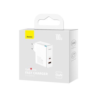  СЗУ Baseus GaN5 Pro CCGP090202 Fast Charger C+U 100W EU Cable Type-C to Type-C White 