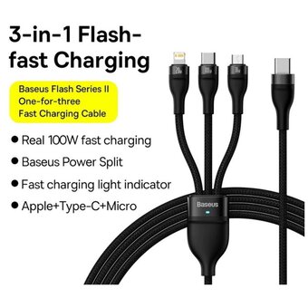  Кабель Baseus Flash Ⅱ(CASS030201) One-for-three Fast Charging Type-C to M+L+C 100W 1.5m Black 