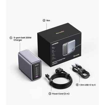  Зарядное устройство Ugreen CD333 (90903B) Nexode 300W 5-Port PD GaN Fast Charger EU Gray 