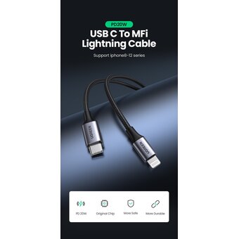  Кабель UGREEN US304 60761 USB-C to Lightning M/M Cable Aluminum Shell Braided 2m Black 